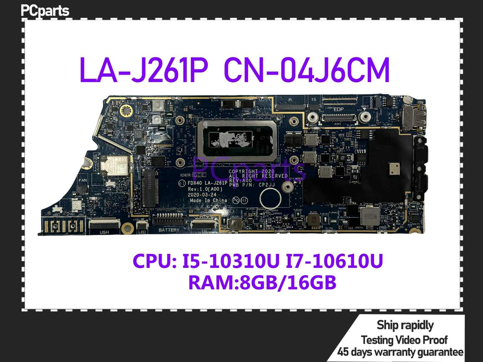 PCparts CN-04J6CM For DELL Latitude 7410 Laptop Motherboard LA