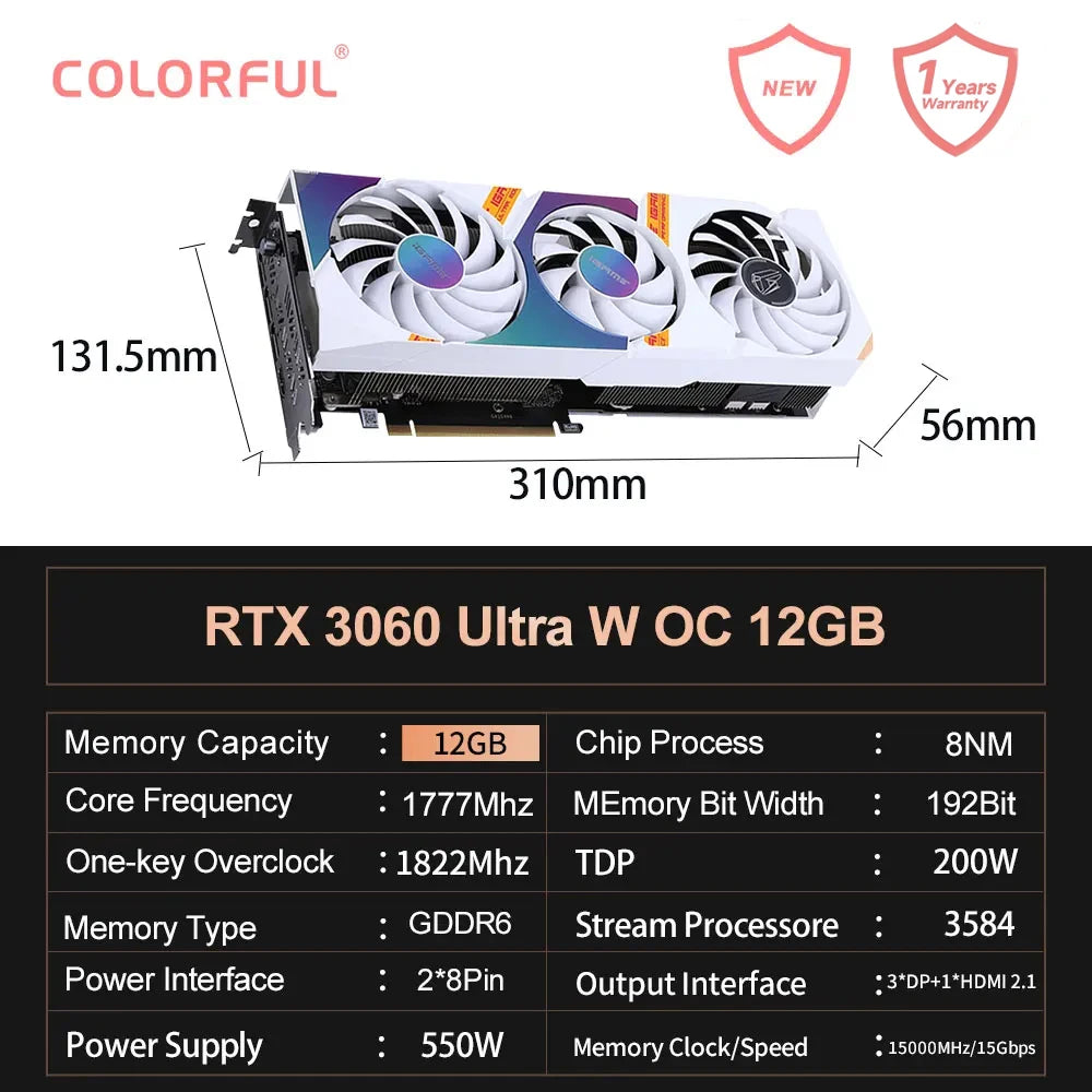 Colorful GeForce RTX 3060 Ultra Series Gaming Graphics Card 12GB/8GB G ...